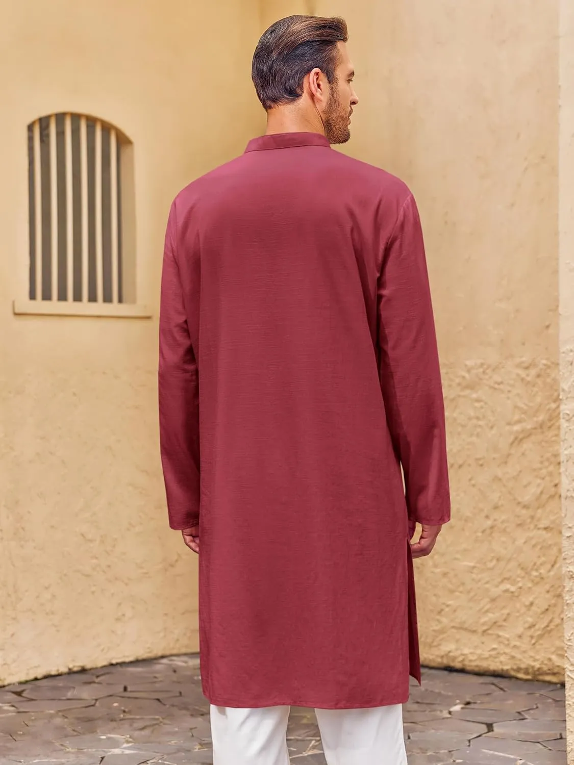 Runcati Mens Kaftan Thobe Button Down Henley Shirts Robe Long Sleeve Casual Cotton Pleated Muslim Gown Shirt
