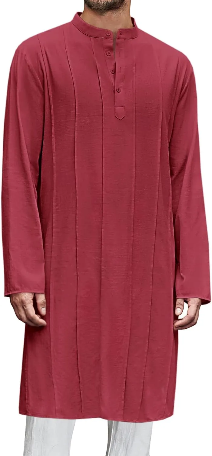 Runcati Mens Kaftan Thobe Button Down Henley Shirts Robe Long Sleeve Casual Cotton Pleated Muslim Gown Shirt