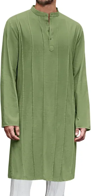 Runcati Mens Kaftan Thobe Button Down Henley Shirts Robe Long Sleeve Casual Cotton Pleated Muslim Gown Shirt