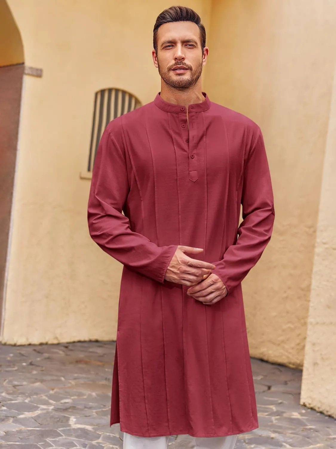Runcati Mens Kaftan Thobe Button Down Henley Shirts Robe Long Sleeve Casual Cotton Pleated Muslim Gown Shirt