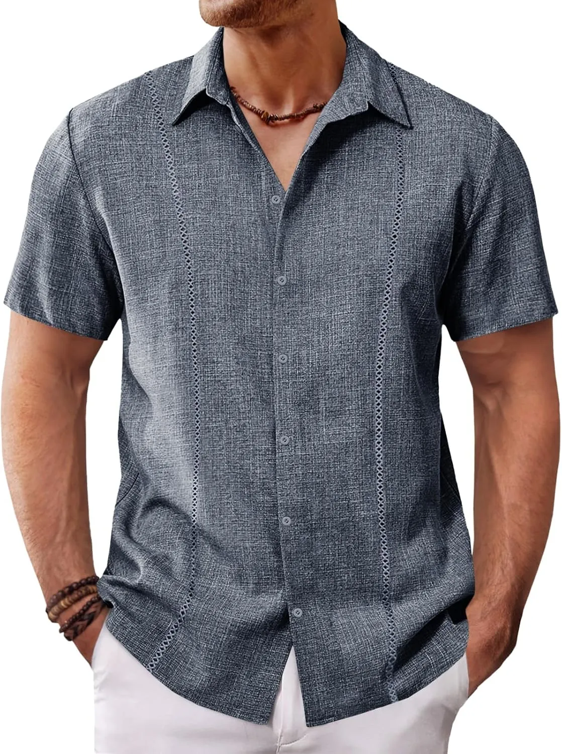Runcati Mens Short Sleeve Guayabera Shirts Cuban Button Down Casual Shirt Summer Vacation Wedding Embroidered Linen Tops