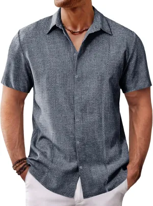 Runcati Mens Short Sleeve Guayabera Shirts Cuban Button Down Casual Shirt Summer Vacation Wedding Embroidered Linen Tops