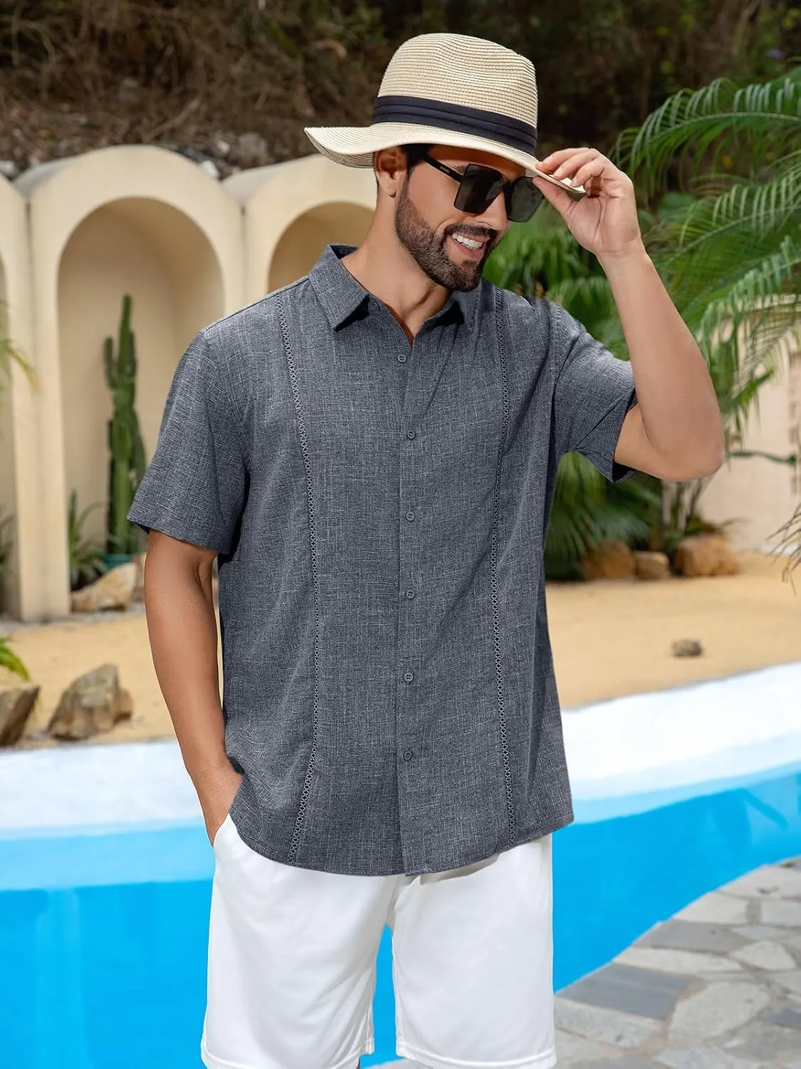 Runcati Mens Short Sleeve Guayabera Shirts Cuban Button Down Casual Shirt Summer Vacation Wedding Embroidered Linen Tops