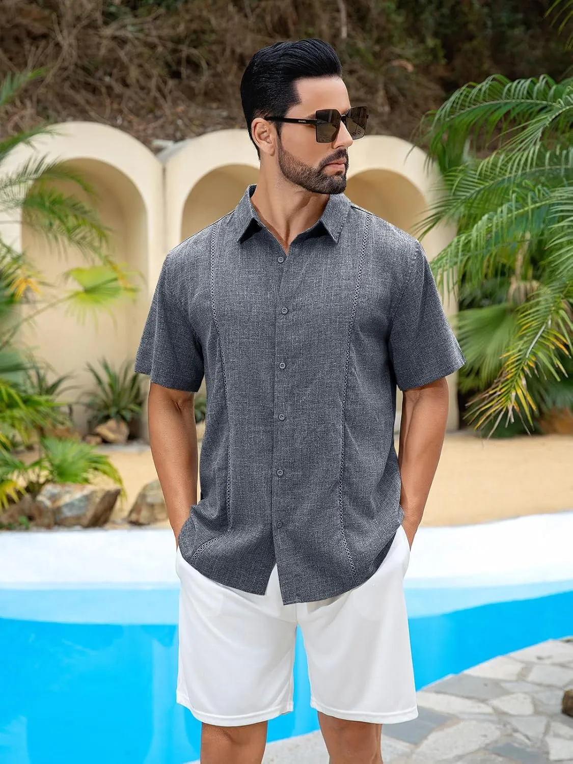 Runcati Mens Short Sleeve Guayabera Shirts Cuban Button Down Casual Shirt Summer Vacation Wedding Embroidered Linen Tops