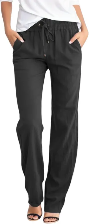 Rvidbe Work Pants Women Petite Women's Summer Straight Leg Casual Pants Drawstring Elastic High Waist Loose Comfy Trousers