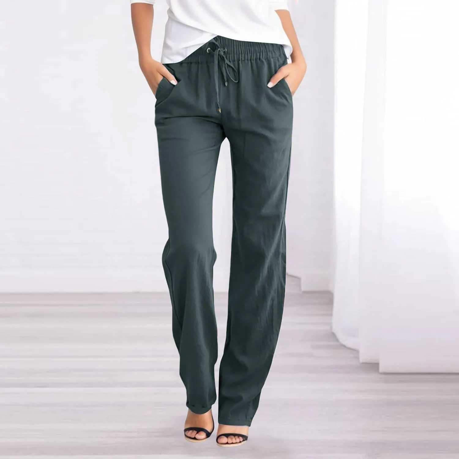 Rvidbe Work Pants Women Petite Women's Summer Straight Leg Casual Pants Drawstring Elastic High Waist Loose Comfy Trousers