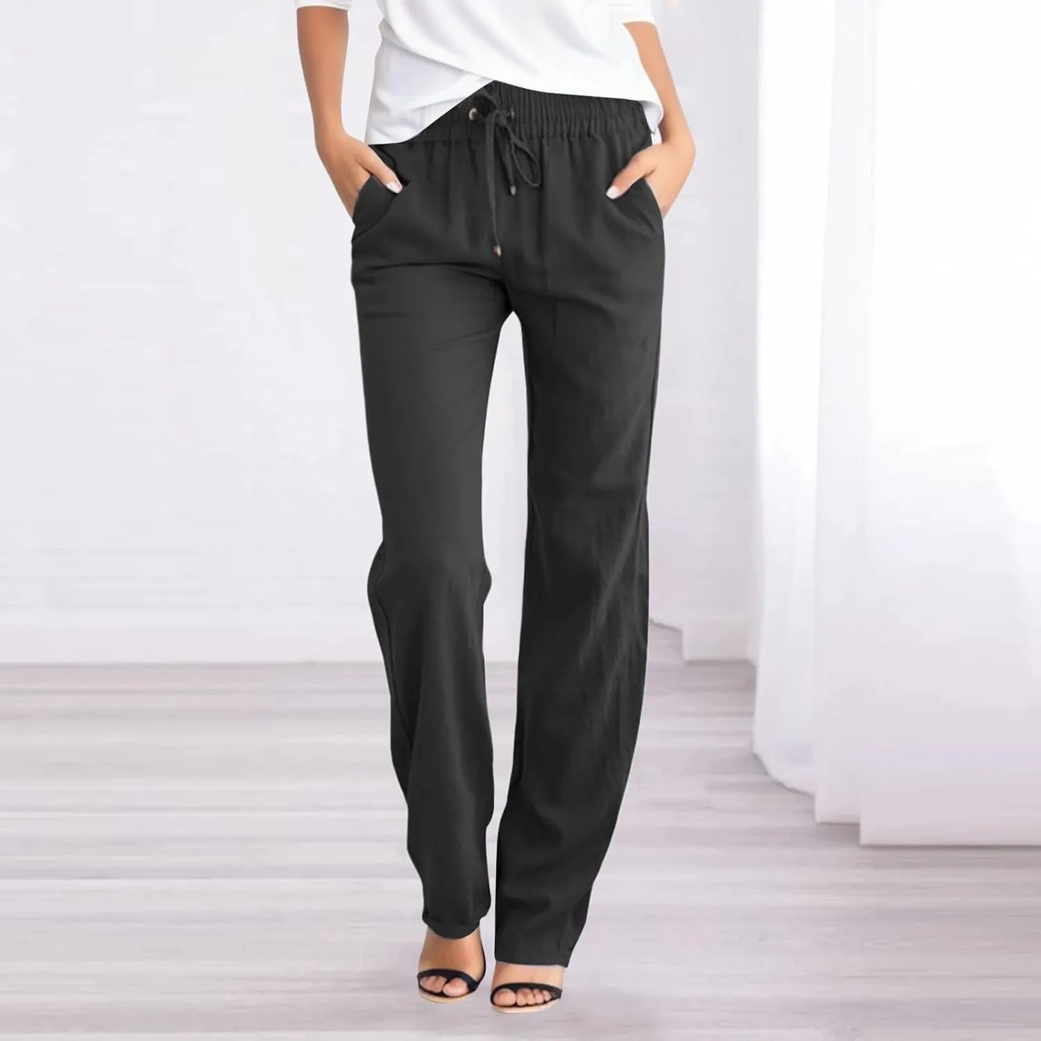 Rvidbe Work Pants Women Petite Women's Summer Straight Leg Casual Pants Drawstring Elastic High Waist Loose Comfy Trousers