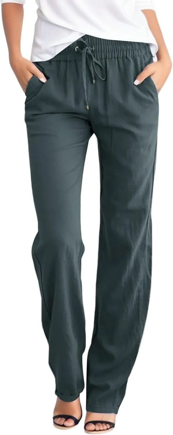 Rvidbe Work Pants Women Petite Women's Summer Straight Leg Casual Pants Drawstring Elastic High Waist Loose Comfy Trousers