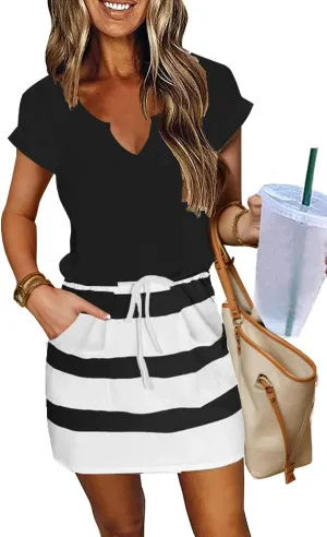 SAUKOLE Women Summer T Shirt Dress Casual Short Sleeve V Neck Dress with Pockets Drawstring Waist Short Dresses