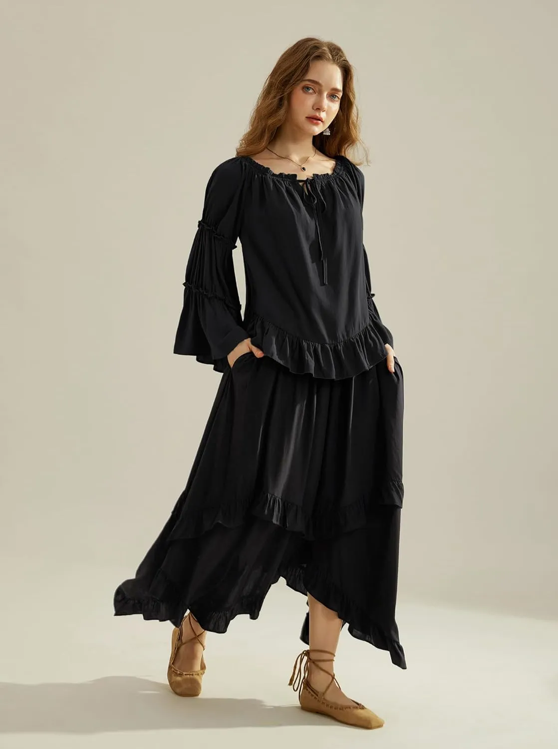 Scarlet Darkness Women Bell Sleeve Tops Ruffle Off Shoulder Casual Loose Renaissance Peasant Blouse