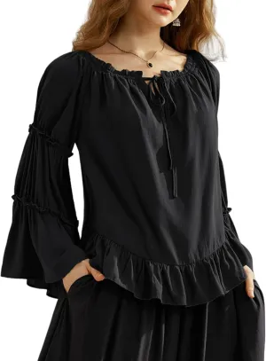Scarlet Darkness Women Bell Sleeve Tops Ruffle Off Shoulder Casual Loose Renaissance Peasant Blouse