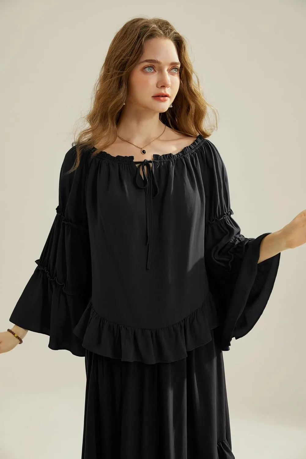 Scarlet Darkness Women Bell Sleeve Tops Ruffle Off Shoulder Casual Loose Renaissance Peasant Blouse