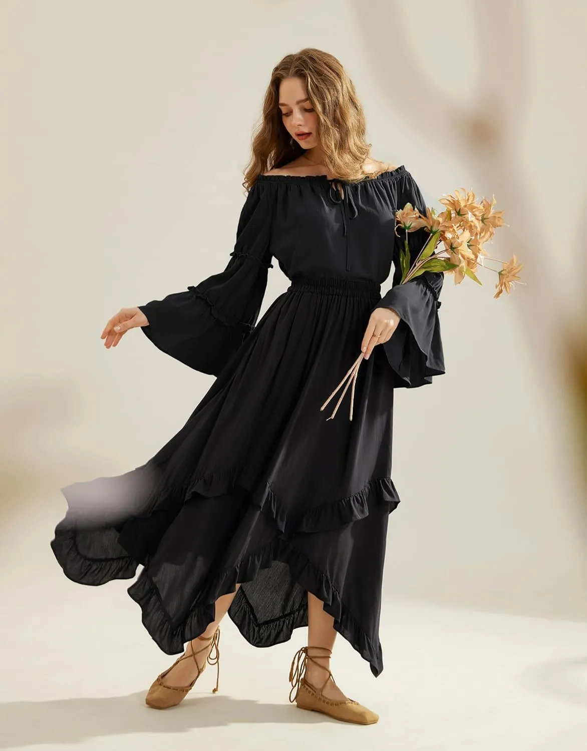 Scarlet Darkness Women Bell Sleeve Tops Ruffle Off Shoulder Casual Loose Renaissance Peasant Blouse