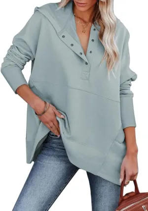 SHEWIN Womens Oversized Sweatshirt Hoodies Casual Button V Neck Hooded Pullover Tops with Pocket