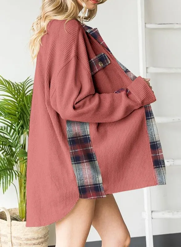 SHEWIN Womens Waffle Knit Plaid Shacket Boyfriend Button Down Shirt Jacket Loose Long Sleeve Tops
