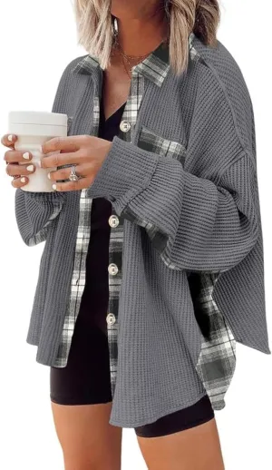 SHEWIN Womens Waffle Knit Plaid Shacket Boyfriend Button Down Shirt Jacket Loose Long Sleeve Tops