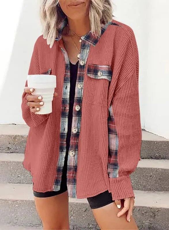 SHEWIN Womens Waffle Knit Plaid Shacket Boyfriend Button Down Shirt Jacket Loose Long Sleeve Tops