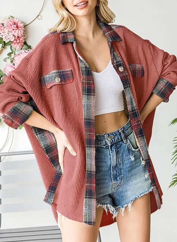 SHEWIN Womens Waffle Knit Plaid Shacket Boyfriend Button Down Shirt Jacket Loose Long Sleeve Tops