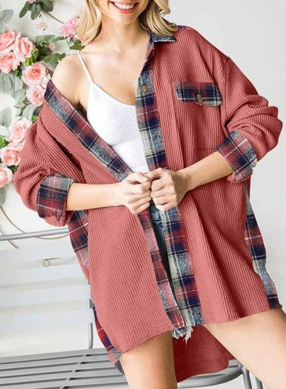 SHEWIN Womens Waffle Knit Plaid Shacket Boyfriend Button Down Shirt Jacket Loose Long Sleeve Tops