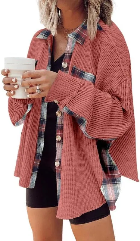 SHEWIN Womens Waffle Knit Plaid Shacket Boyfriend Button Down Shirt Jacket Loose Long Sleeve Tops
