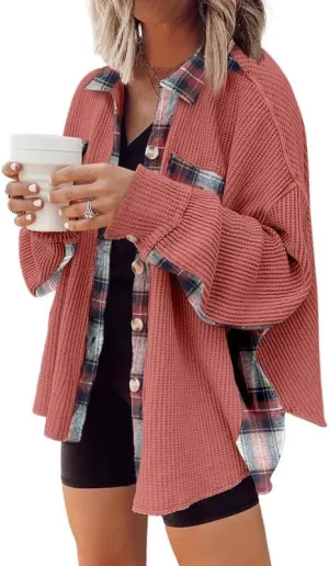 SHEWIN Womens Waffle Knit Plaid Shacket Boyfriend Button Down Shirt Jacket Loose Long Sleeve Tops