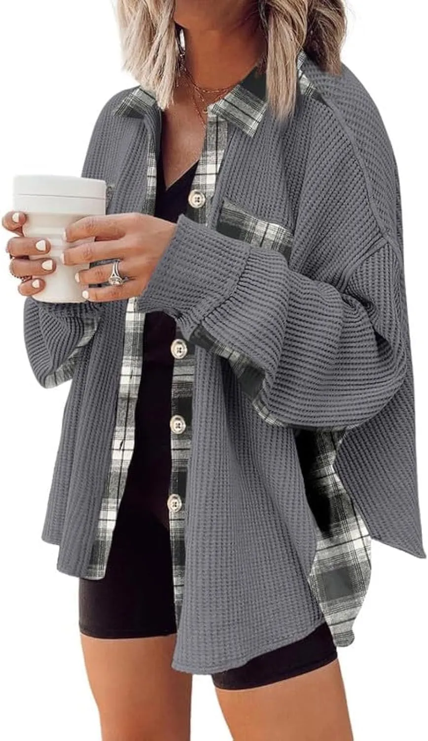 SHEWIN Womens Waffle Knit Plaid Shacket Boyfriend Button Down Shirt Jacket Loose Long Sleeve Tops