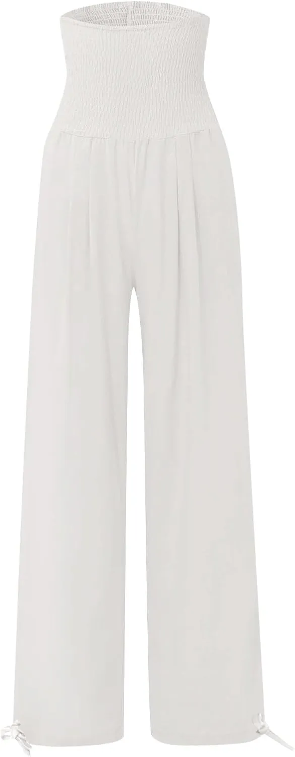 SHOPESSA Summer Pants for Women 2024 Smocked Smocked High Waisted Wide Leg Pants Lounge Palazzo Pants with Pockets