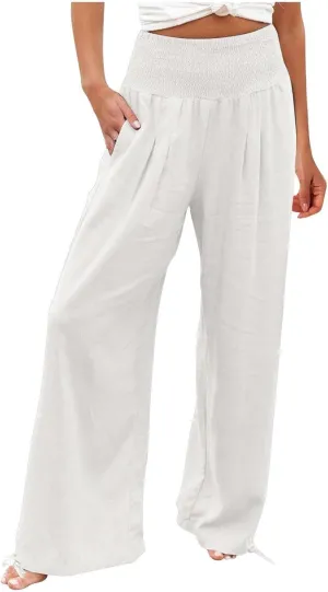SHOPESSA Summer Pants for Women 2024 Smocked Smocked High Waisted Wide Leg Pants Lounge Palazzo Pants with Pockets