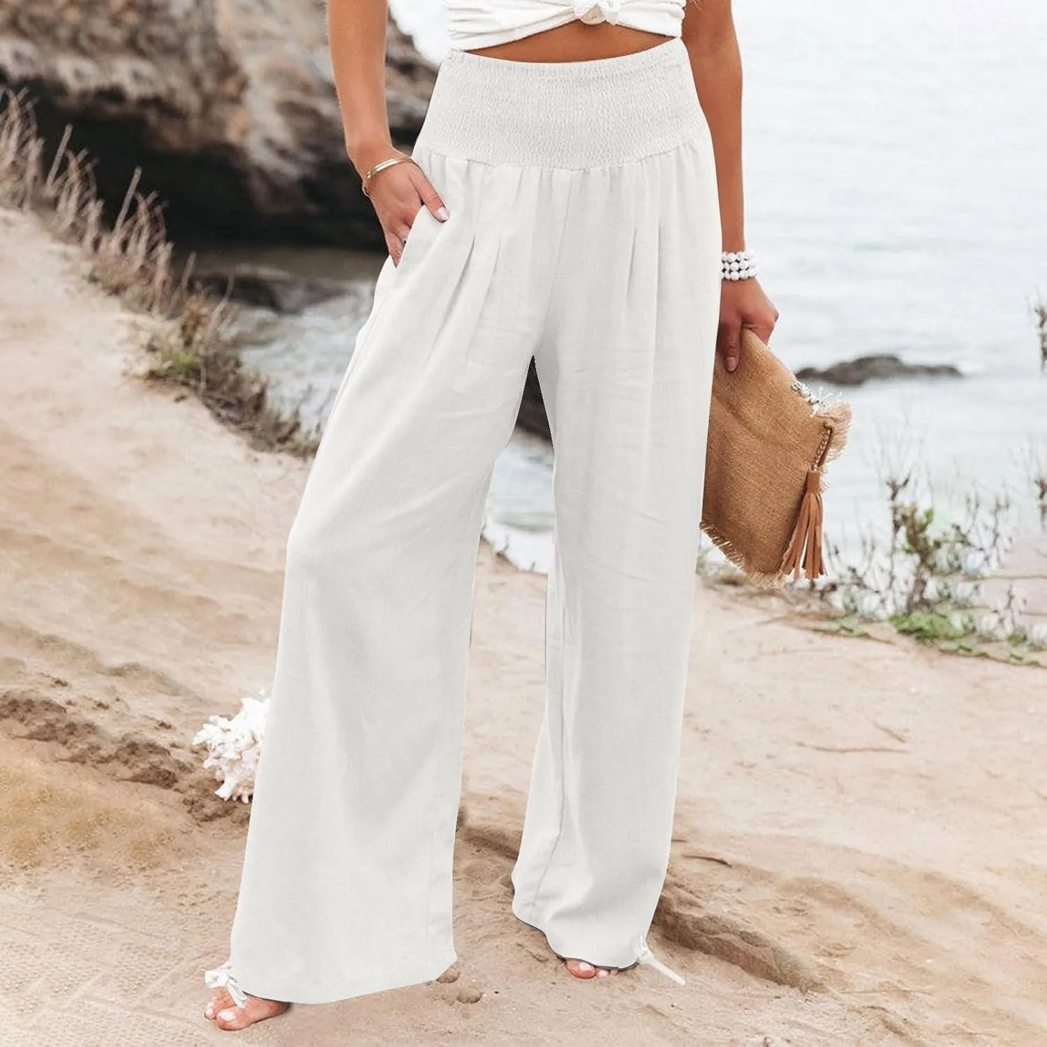 SHOPESSA Summer Pants for Women 2024 Smocked Smocked High Waisted Wide Leg Pants Lounge Palazzo Pants with Pockets