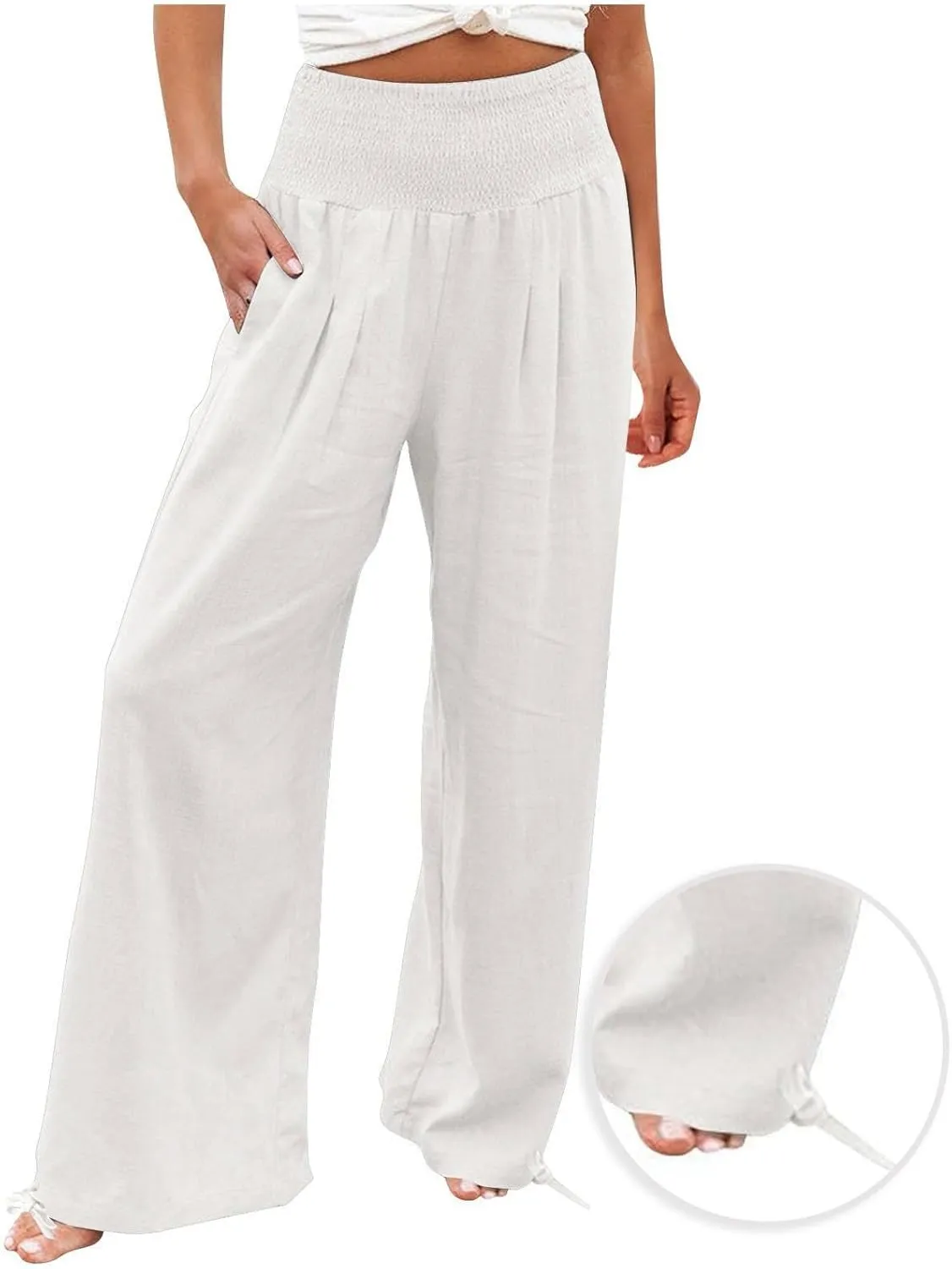 SHOPESSA Summer Pants for Women 2024 Smocked Smocked High Waisted Wide Leg Pants Lounge Palazzo Pants with Pockets