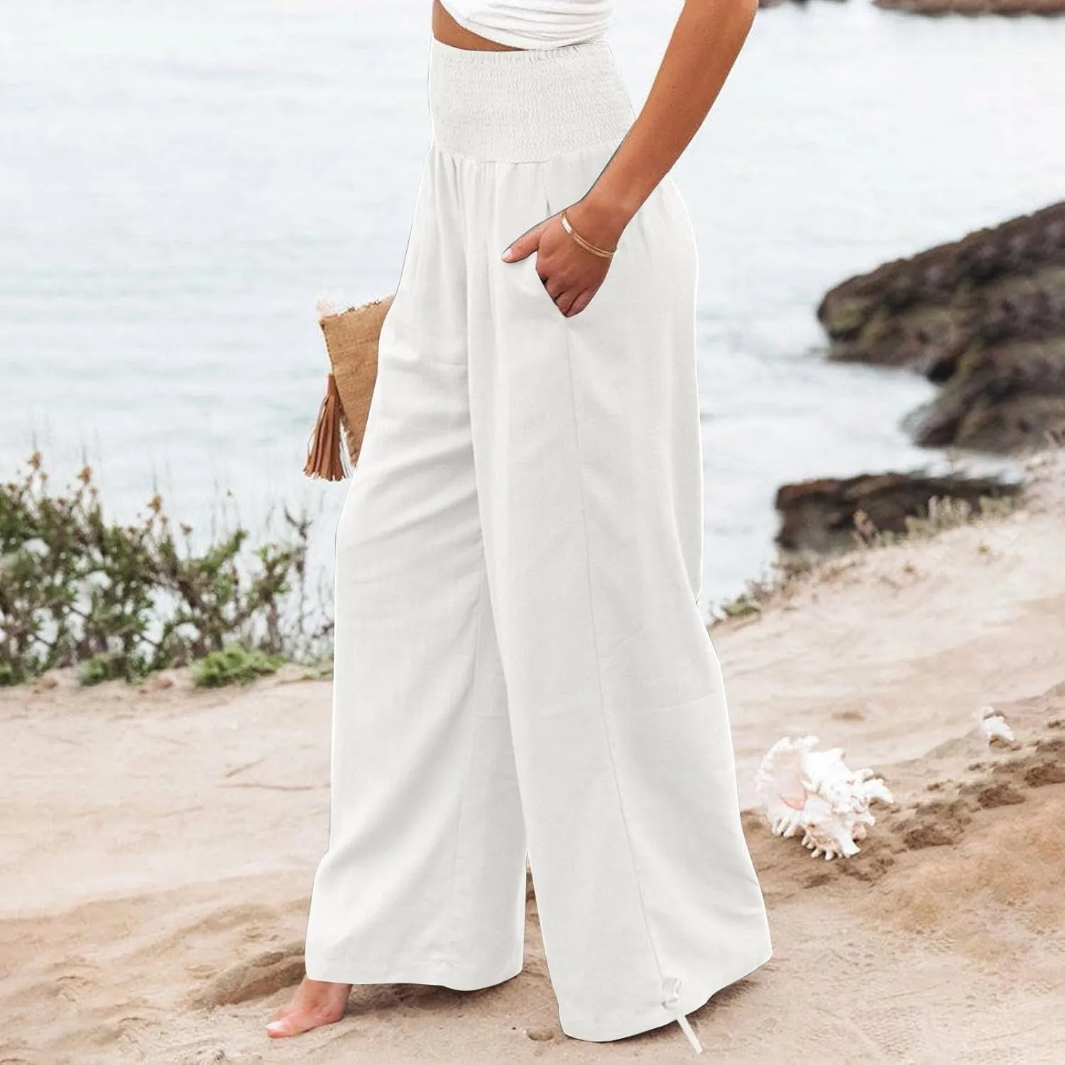 SHOPESSA Summer Pants for Women 2024 Smocked Smocked High Waisted Wide Leg Pants Lounge Palazzo Pants with Pockets