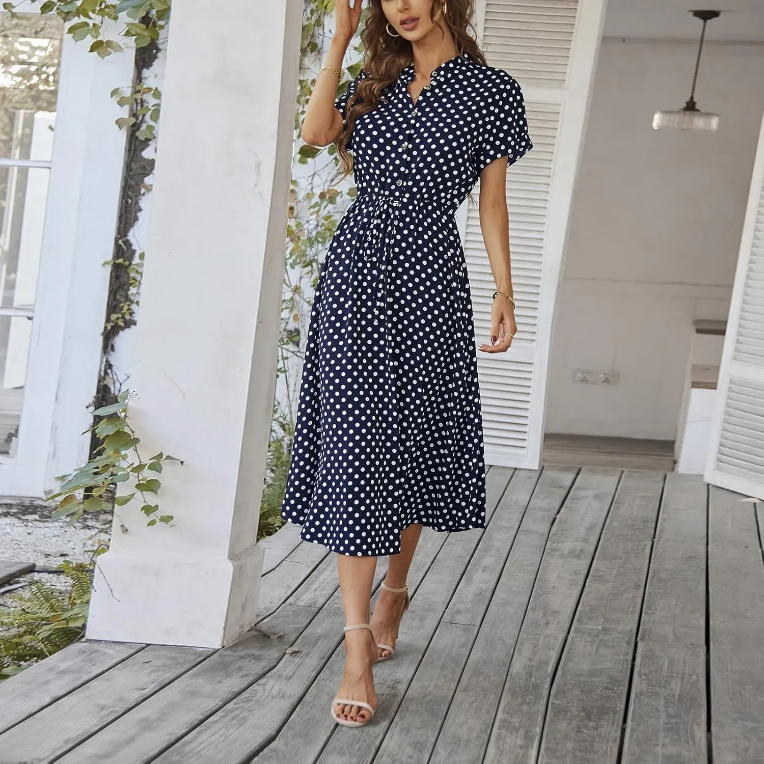 Short Sleeve Dress for Women V Neck Polka dot Button Midi Dresses Elastic Waist Summer Dressy Casual Work Dresses