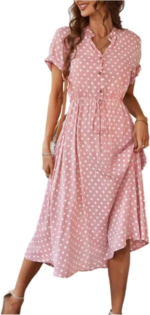 Short Sleeve Dress for Women V Neck Polka dot Button Midi Dresses Elastic Waist Summer Dressy Casual Work Dresses