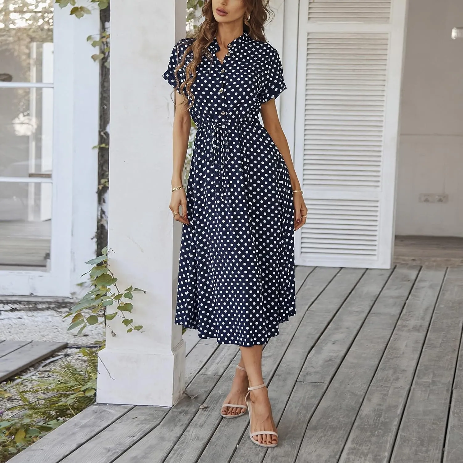 Short Sleeve Dress for Women V Neck Polka dot Button Midi Dresses Elastic Waist Summer Dressy Casual Work Dresses