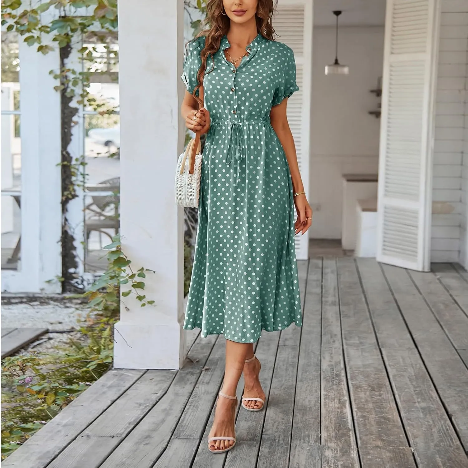 Short Sleeve Dress for Women V Neck Polka dot Button Midi Dresses Elastic Waist Summer Dressy Casual Work Dresses