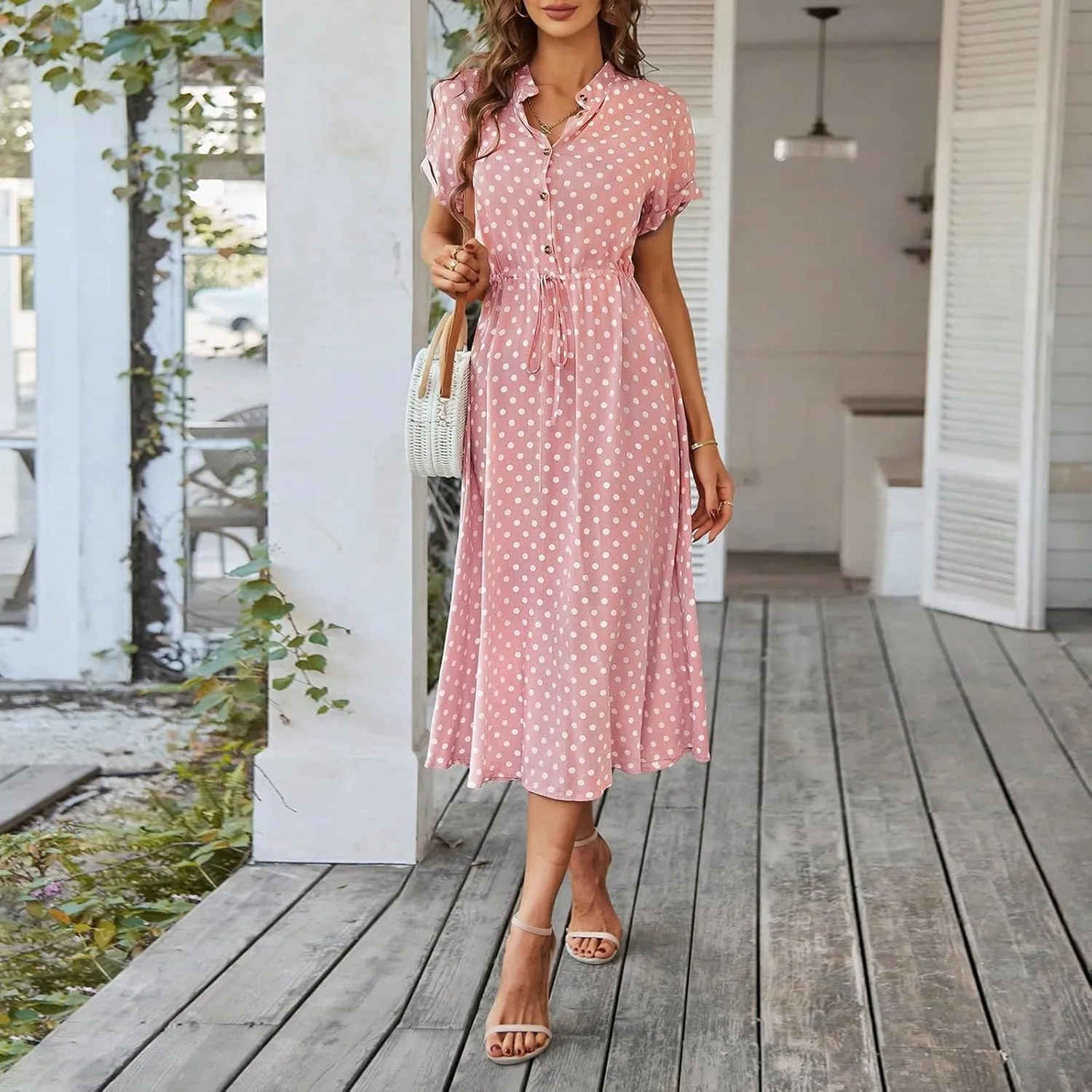 Short Sleeve Dress for Women V Neck Polka dot Button Midi Dresses Elastic Waist Summer Dressy Casual Work Dresses