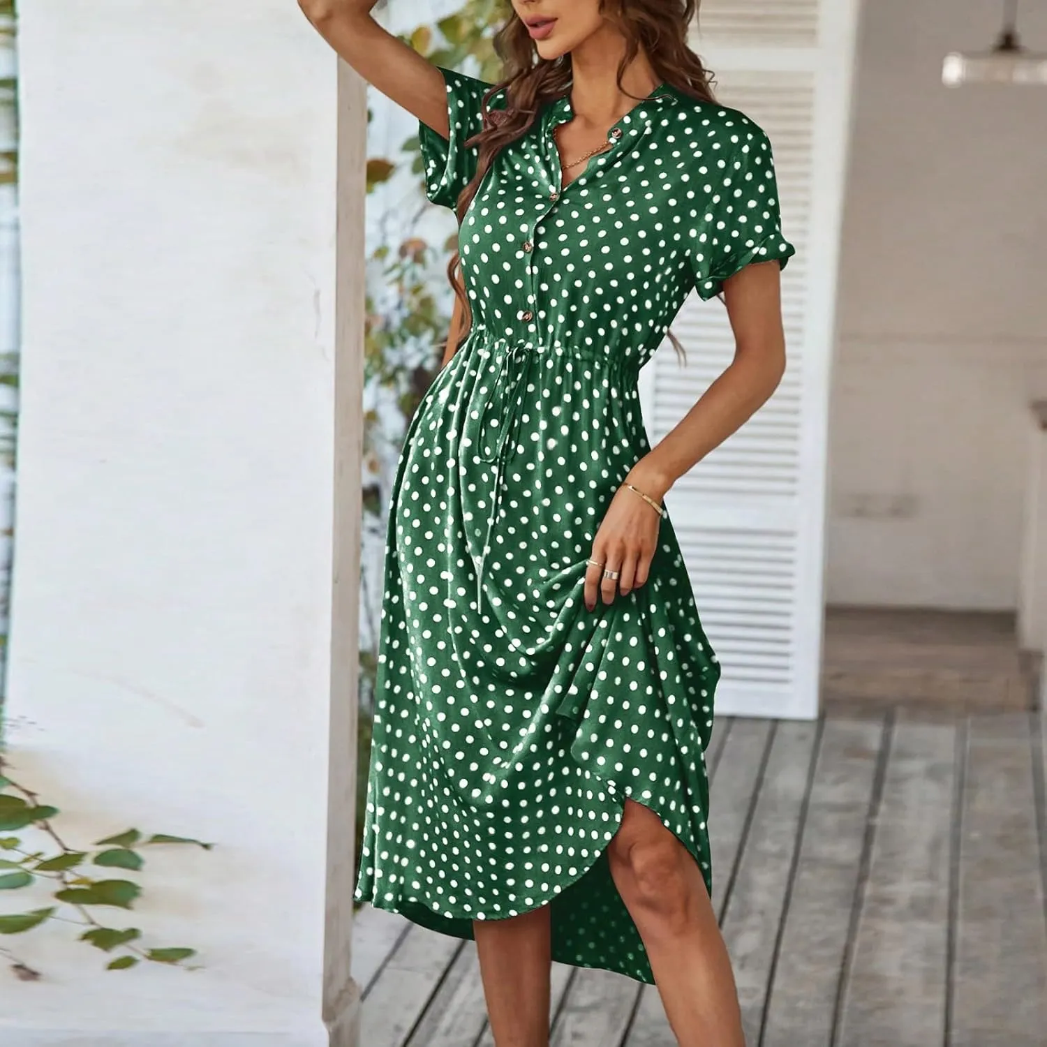 Short Sleeve Dress for Women V Neck Polka dot Button Midi Dresses Elastic Waist Summer Dressy Casual Work Dresses