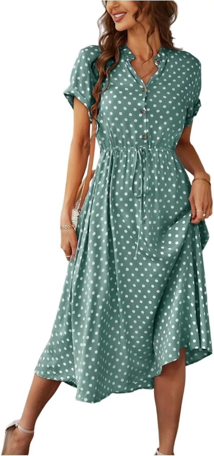 Short Sleeve Dress for Women V Neck Polka dot Button Midi Dresses Elastic Waist Summer Dressy Casual Work Dresses