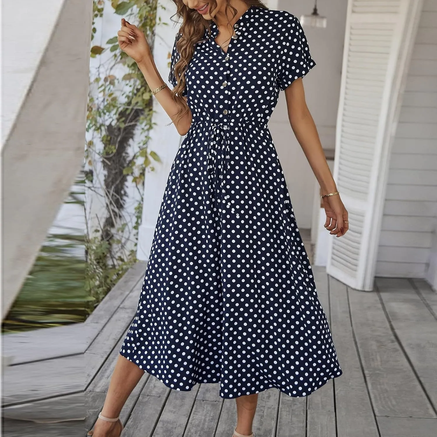 Short Sleeve Dress for Women V Neck Polka dot Button Midi Dresses Elastic Waist Summer Dressy Casual Work Dresses