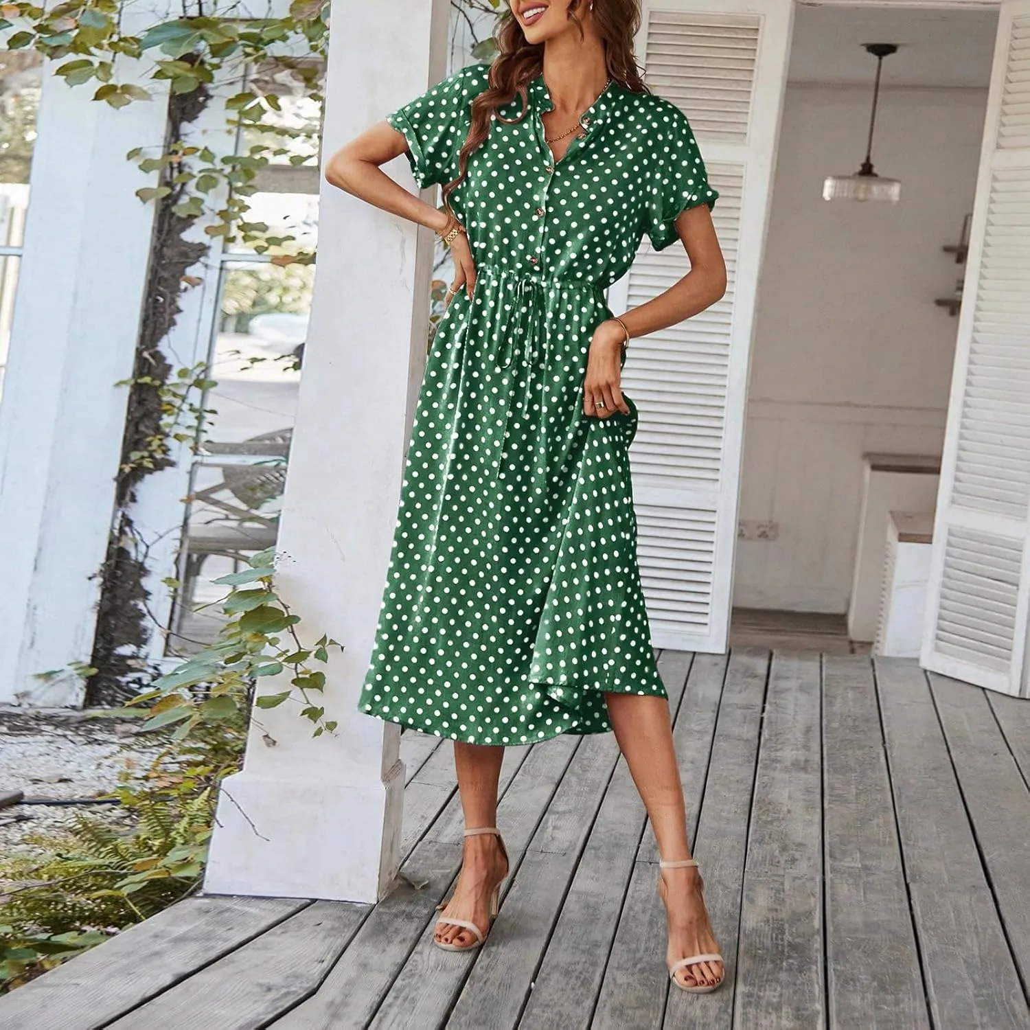 Short Sleeve Dress for Women V Neck Polka dot Button Midi Dresses Elastic Waist Summer Dressy Casual Work Dresses