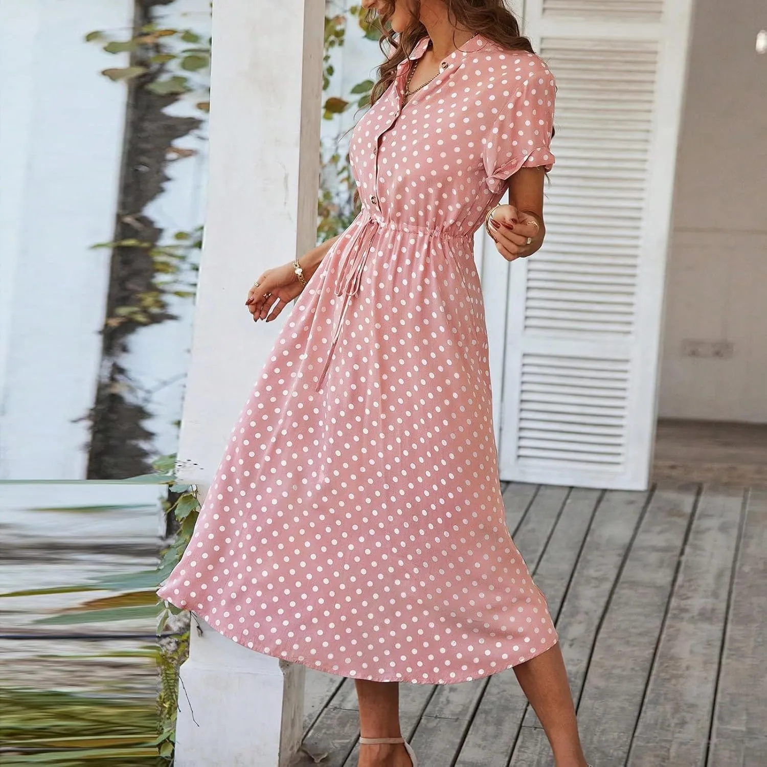 Short Sleeve Dress for Women V Neck Polka dot Button Midi Dresses Elastic Waist Summer Dressy Casual Work Dresses