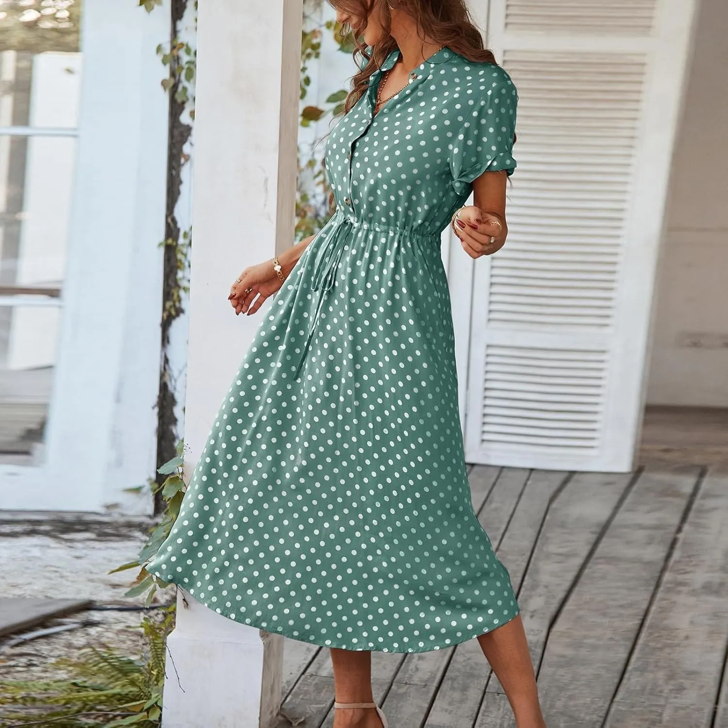 Short Sleeve Dress for Women V Neck Polka dot Button Midi Dresses Elastic Waist Summer Dressy Casual Work Dresses