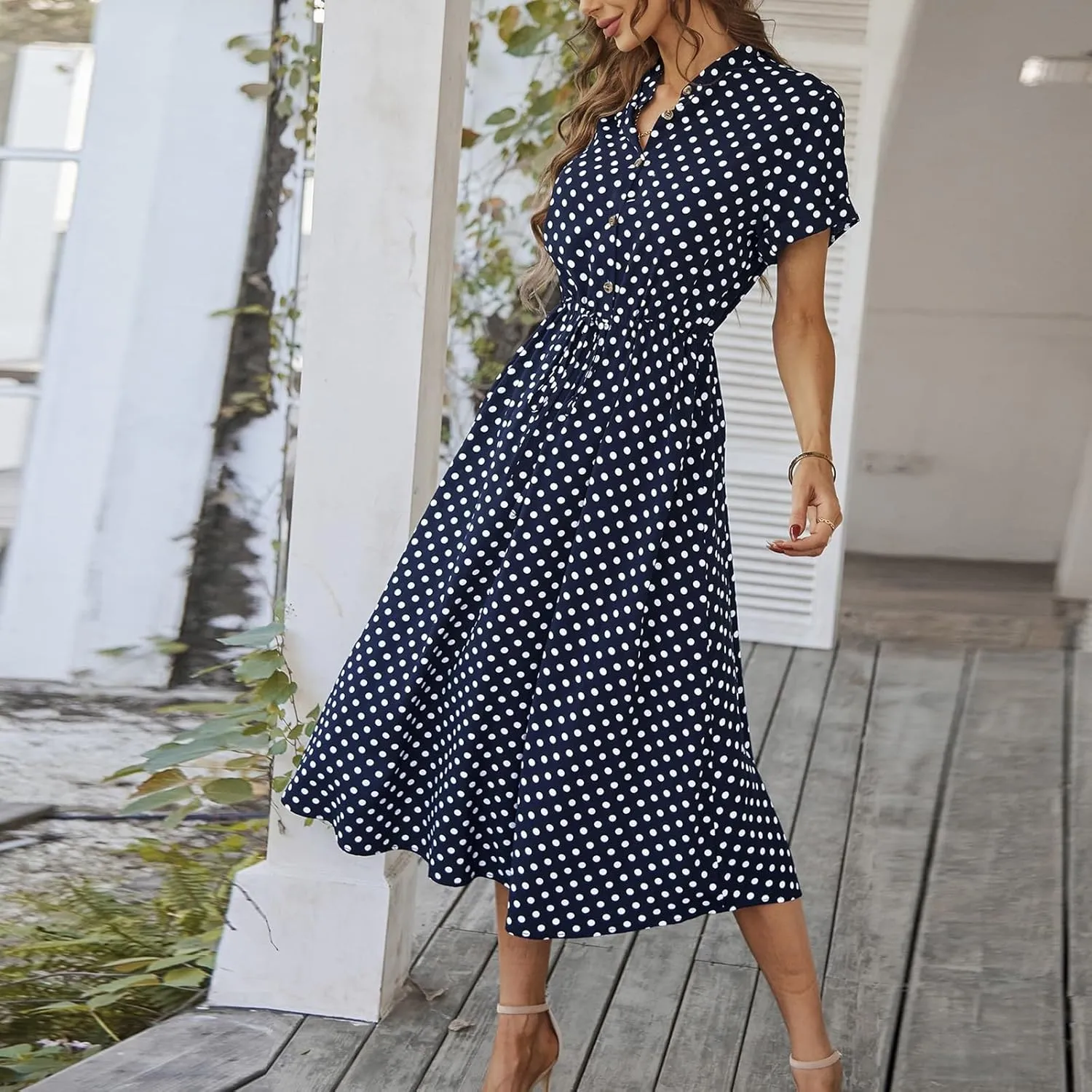 Short Sleeve Dress for Women V Neck Polka dot Button Midi Dresses Elastic Waist Summer Dressy Casual Work Dresses