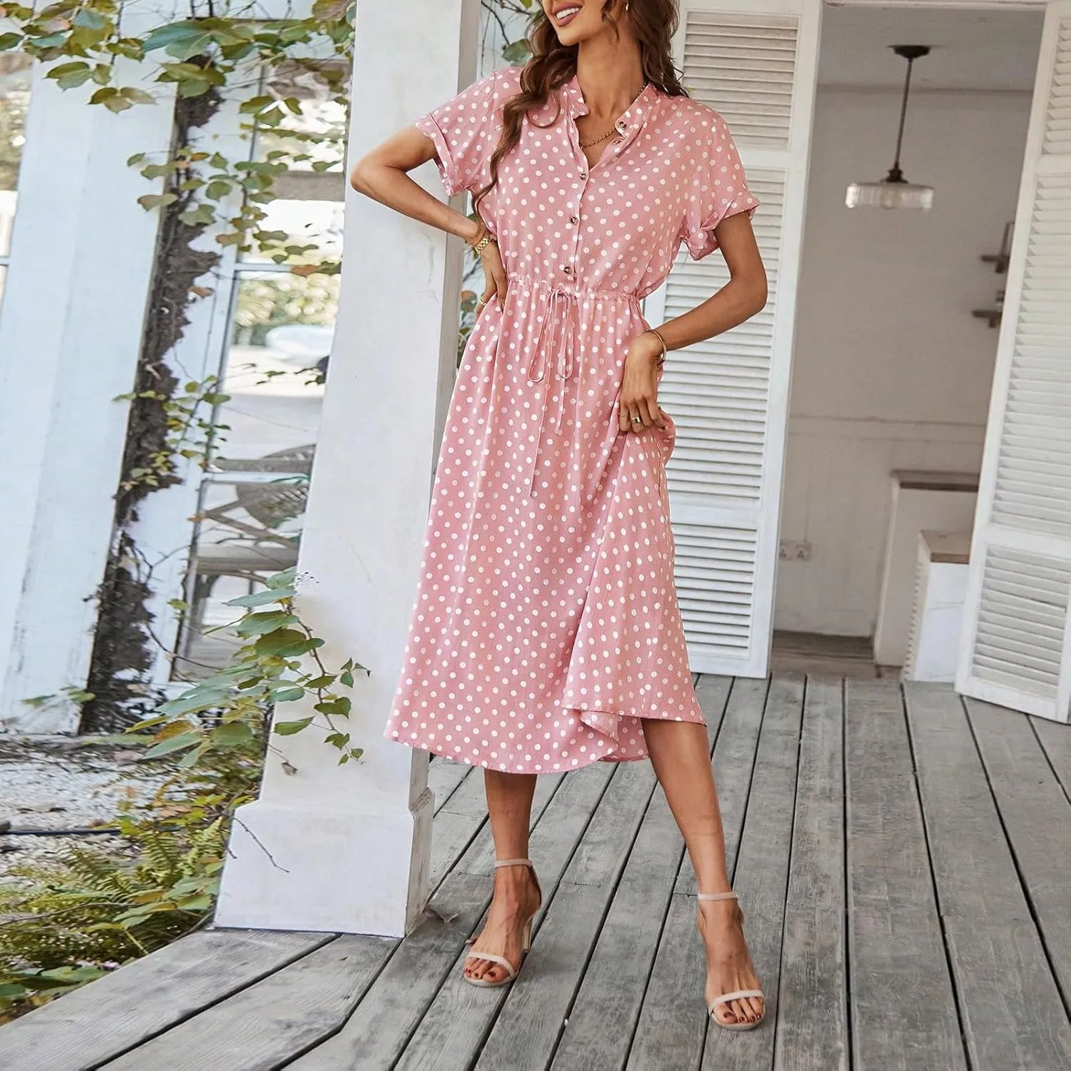 Short Sleeve Dress for Women V Neck Polka dot Button Midi Dresses Elastic Waist Summer Dressy Casual Work Dresses