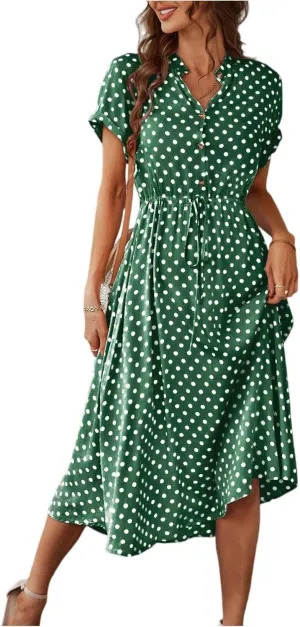 Short Sleeve Dress for Women V Neck Polka dot Button Midi Dresses Elastic Waist Summer Dressy Casual Work Dresses