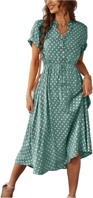 Short Sleeve Dress for Women V Neck Polka dot Button Midi Dresses Elastic Waist Summer Dressy Casual Work Dresses