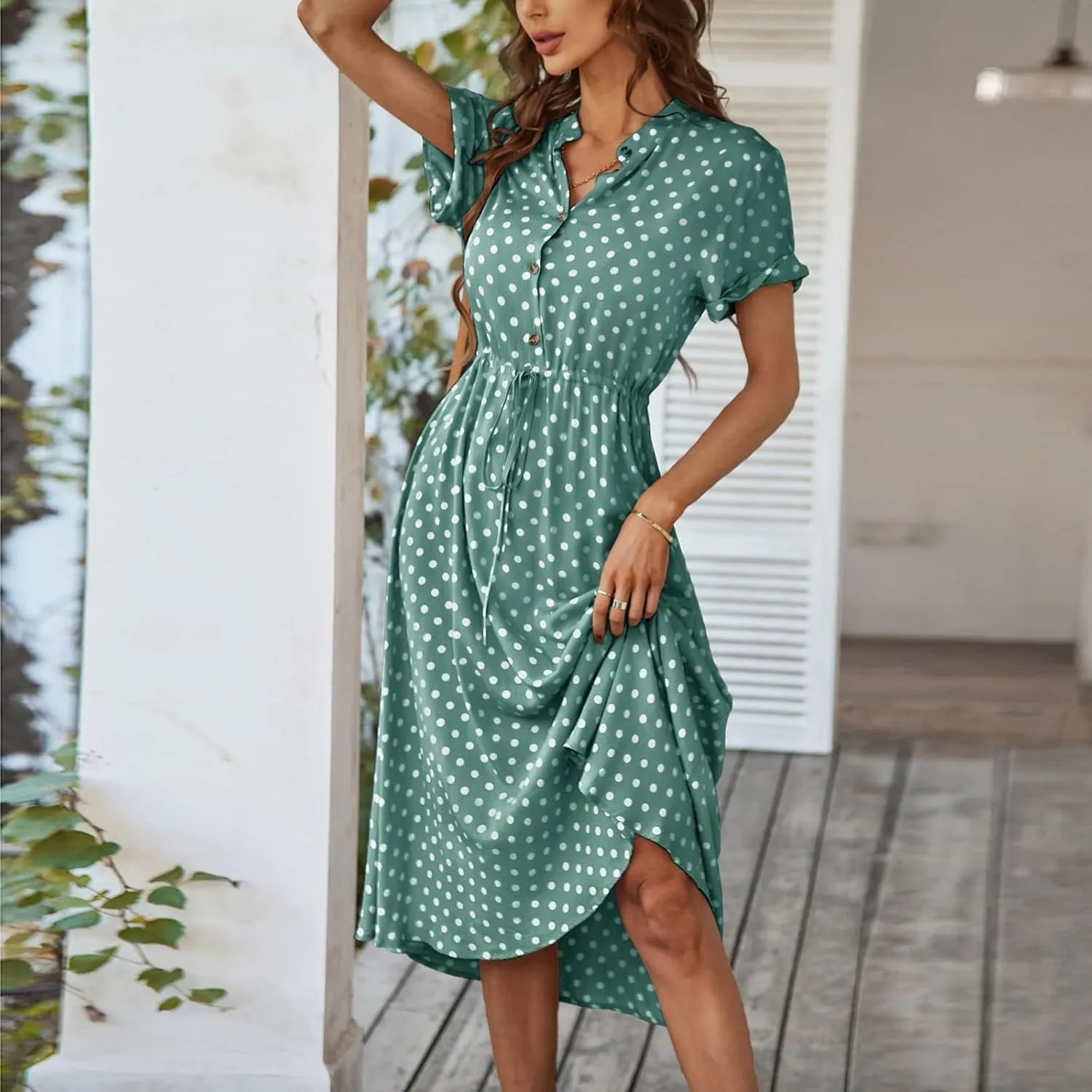 Short Sleeve Dress for Women V Neck Polka dot Button Midi Dresses Elastic Waist Summer Dressy Casual Work Dresses