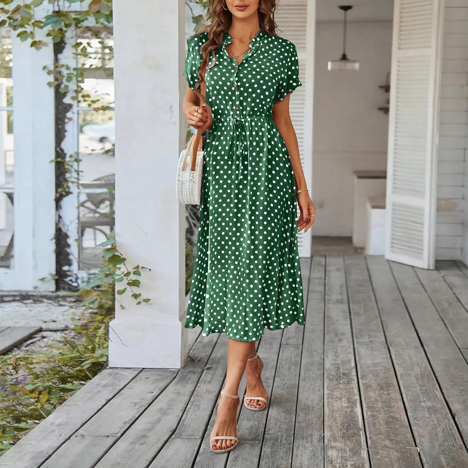 Short Sleeve Dress for Women V Neck Polka dot Button Midi Dresses Elastic Waist Summer Dressy Casual Work Dresses