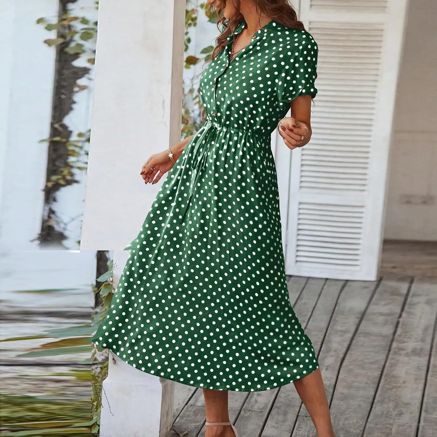Short Sleeve Dress for Women V Neck Polka dot Button Midi Dresses Elastic Waist Summer Dressy Casual Work Dresses