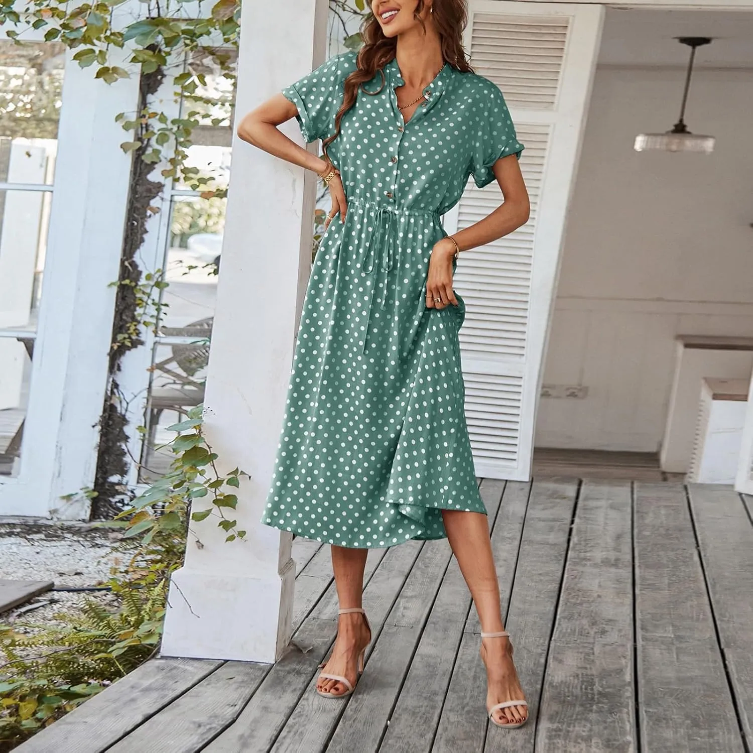 Short Sleeve Dress for Women V Neck Polka dot Button Midi Dresses Elastic Waist Summer Dressy Casual Work Dresses